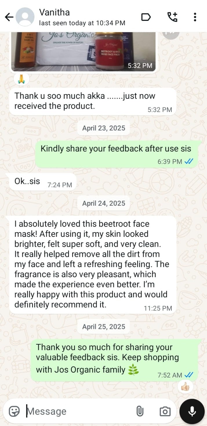 WhatsApp customer review — Beetroot & Rice Rose Face Pack
