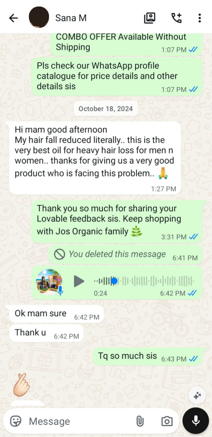 WhatsApp customer review — 3 in 1 Herbal Hair Oil
