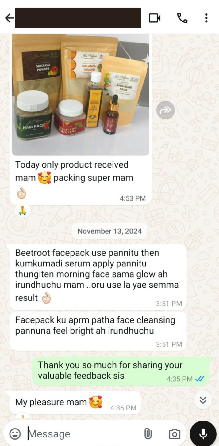 WhatsApp customer review — Beetroot & Rice Rose Face Pack