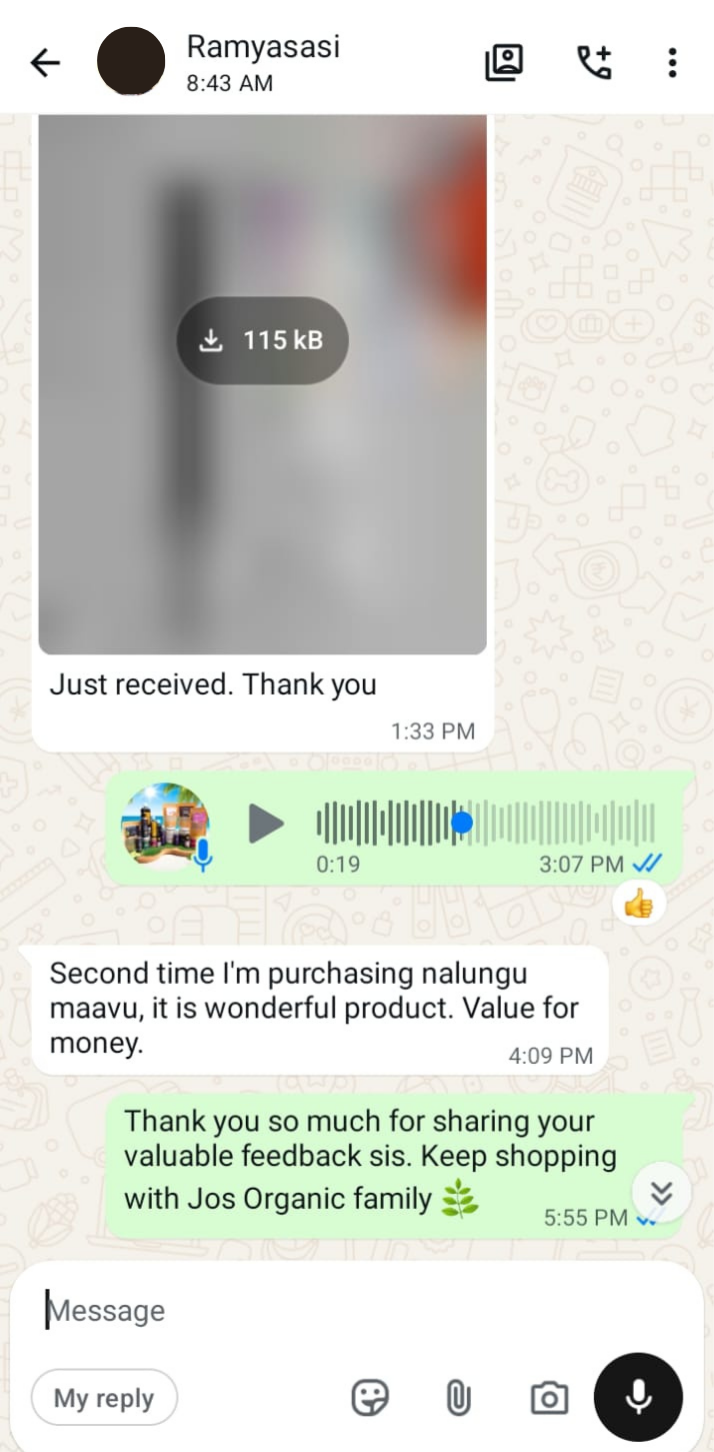 WhatsApp customer review — Herbal Bath Powder - Nalangu Maavu