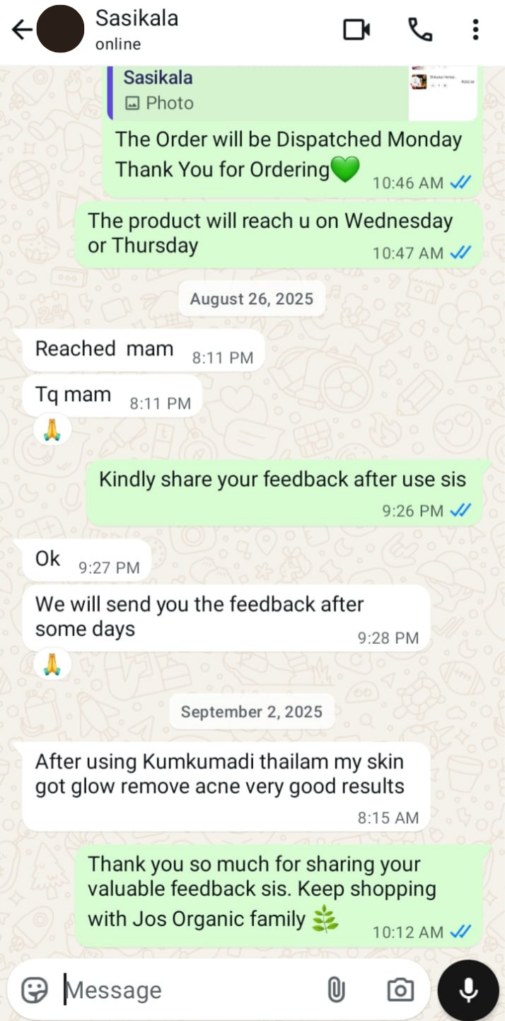 WhatsApp customer review — Kumkumadi Thailam