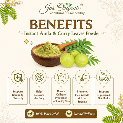 Jos Organic Instant Amla & Curry Leaves Powder | 100% Pure Herbal Wellness Mix | Supports Immunity, Hair Health & Natural Detox