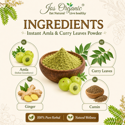 Jos Organic Instant Amla & Curry Leaves Powder | 100% Pure Herbal Wellness Mix | Supports Immunity, Hair Health & Natural Detox