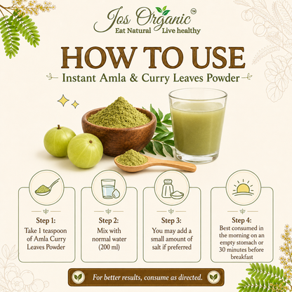 Jos Organic Instant Amla & Curry Leaves Powder | 100% Pure Herbal Wellness Mix | Supports Immunity, Hair Health & Natural Detox