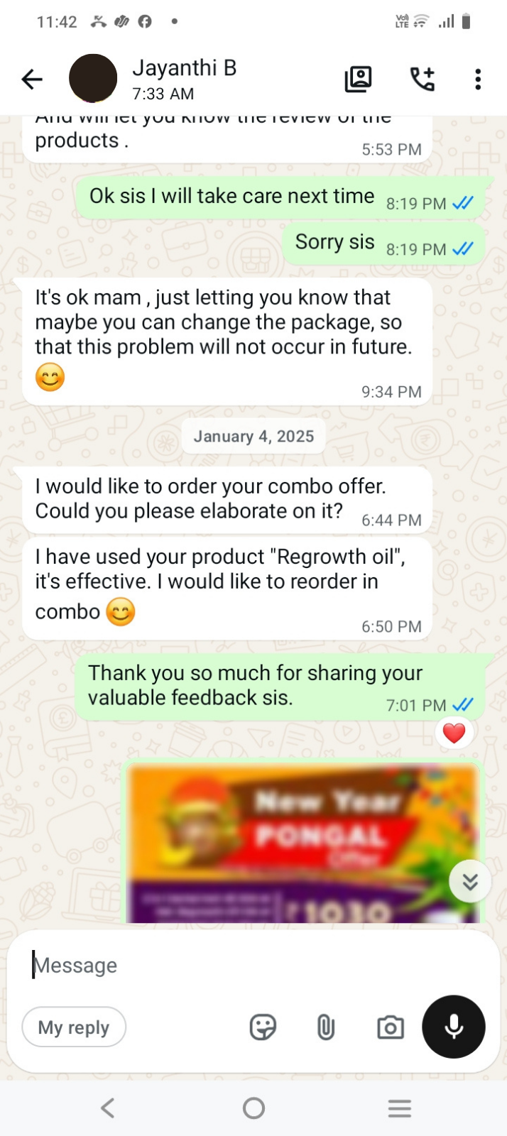 WhatsApp customer review — Hair Regrowth Oil